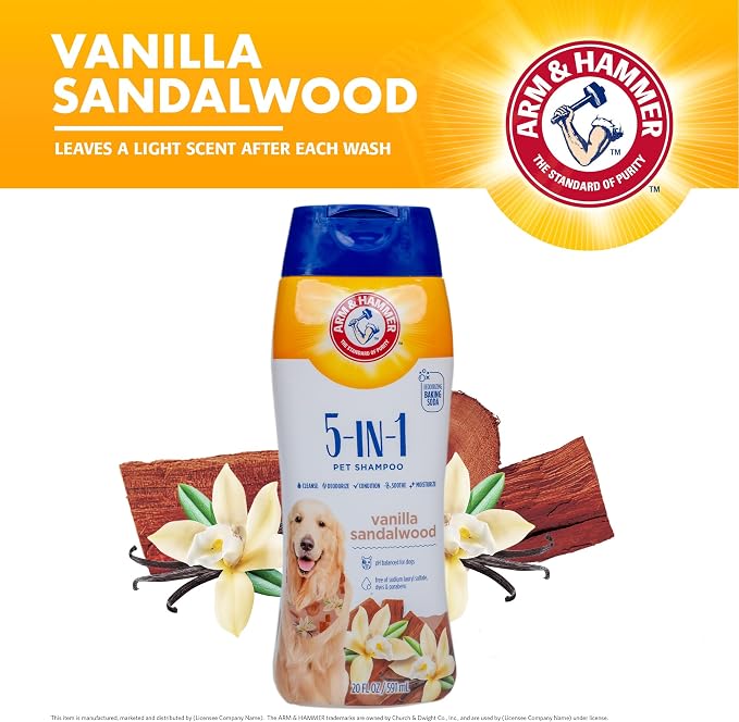 Arm & Hammer for Pets 5-in-1 Dog Shampoo with Conditioner, Deodorizing Oatmeal Dog Shampoo with Aloe, Shea Butter, Baking Soda and Coat Care, Vanilla Sandalwood Scent, 20 Fl Oz
