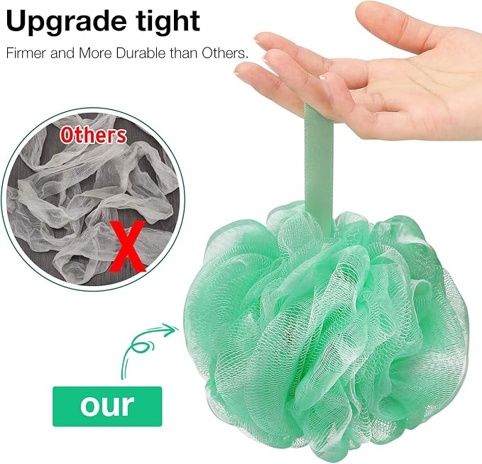 DadyMart Bath Shower Loofah Sponge 60g Bath Mesh Pouf Shower Ball Body Scrubber Exfoliating Bath Sponge for Women and Men, Set of 4, Black (Loofah-Medium, Army Green)