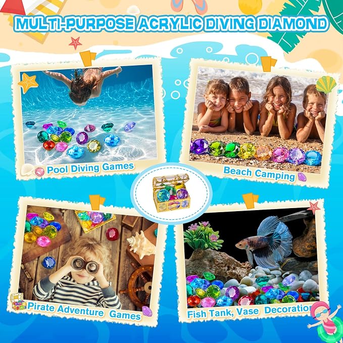 DISHIO Large Diving Gem Pool Toys with Golden Treasure Box, 10PCS Colorful Acrylic Diamonds Set for Summer Swimming Underwater Training, Pirate Party Favors, Bath Toys for Kids Gold