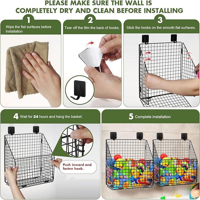 Large Bath Toy Storage, Metal Bathtub Shower Toy Holder, Foldable bath Tub Toy Organizers, Bathroom Toy Storage with Drainage for Sorting Toys/Clothes/Toiletries (2pc black)
