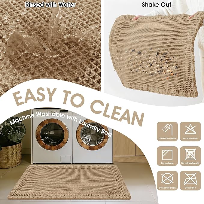 Upgraded Waffle Bath Mat Set 3 Piece Beige-Bordered, Super Absorbent Non-Slip Quick Dry Bathroom Rugs with Tassels, Machine Washable Ultra Soft Boho Bath Rugs for Floor, Bath Mats Boho Farmhouse Decor