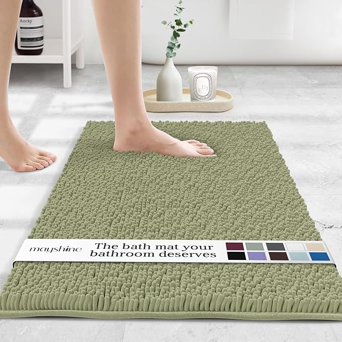 MAYSHINE Small Plush Shaggy Chenille Bath Mat 23"x14" Extra Soft, Super Absorbent, Non-Slip Bathroom Rug | Fluffy Microfiber, Area Rug Sets for Bathroom Floor, Kitchen, Living Room | Sage Green