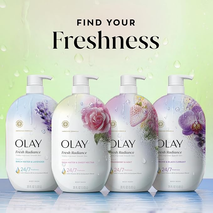 Olay Body Wash for Women, Fresh Radiance, 24/7 Skin-Loving Freshness, Visibly Radiant, Plant Based Cleansers, Vitamin B3 & Antioxidant Blend, All Skin Types, Rose Water & Sweet Nectar Scent, 35 fl oz