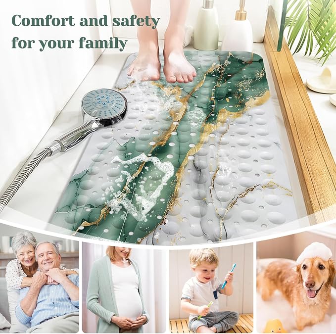 Marble Bath Tub Mat Non Slip, Green Gold Marble Non Slip Bath Mat for Shower, Large Washable Shower mats for Showers with Drain Holes and Suction Cups,40 X 16 Inch