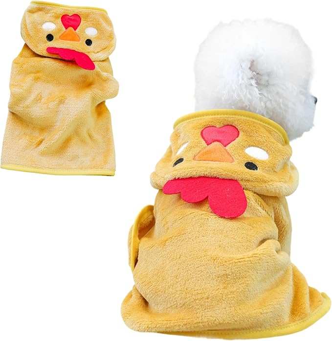 Dog Bathrobe with Hood Super Absorbent Soft Quick Drying Towel Wrap Adjustable Puppy Cat Bath Robe Towel for Cold Weather Beach Pool (Yellow Chicken, Small)