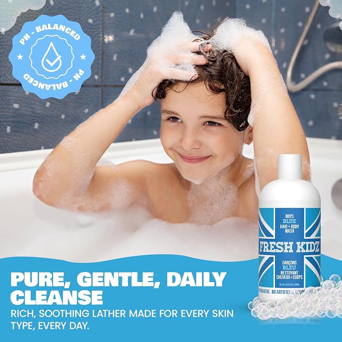 Fresh Kidz Hair & Body Wash for Kids and Teens - Gentle Bath and Shower Cleanser for All Skin Types - Boys Blue, 16.9 Fl.Oz.
