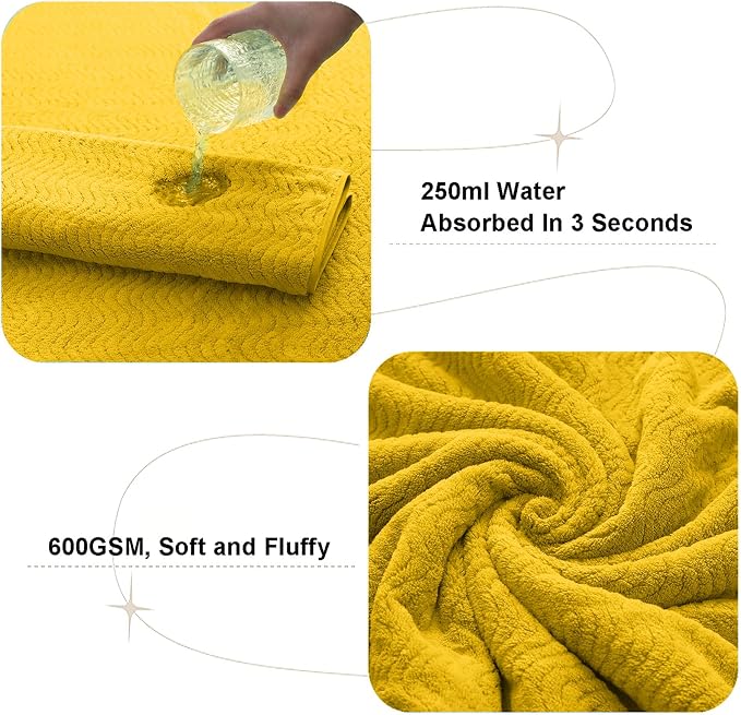 Bath Towel Set of 4, Extra Large Towels Oversized 35x70 Inch Shower Bathroom Towels Highly Absorbent Quick Dry Towel Textured Soft Bath Sheet Towels Set for Bathroom Hotel SPA Fitness Camping (Yellow)