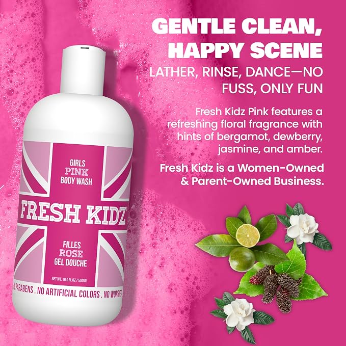Fresh Kidz Body Wash for Kids and Teens - Gentle Bath and Shower Cleanser for All Skin Types - Girls Pink, 16.9 Fl.Oz.