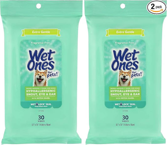 Wet Ones for Pets Extra Gentle Dog Wipes with Witch Hazel for Snout, Eye, Ear - Fragrance-Free Wipes with Wet Lock Seal, 30 Count (Pack of 2)