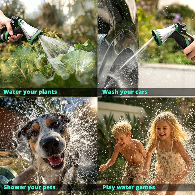 QUOBAS Metal Garden Hose Nozzle, Heavy Duty Water Hose Sprayer, Leak Proof | 10 Pattern Water Nozzle with Rubber Gasket, Garden Sprayer for Watering Plants, Washing Cars, Pet Shower, Green