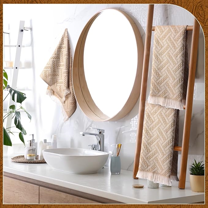 HunnmingRe 4 Pack Boho Hand Towel for Bathroom Kitchen 14x30 Inch 100% Turkish Cotton Summer Boho Decorative Towel Waffle Farmhouse Bathroom Decor Absorbent Soft Guest Gift(Brown,White)