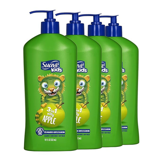 Suave Kids 3 in 1 Shampoo, Conditioner & Body Wash Silly Apple, Gentle Tear-Free Formula for Kids’ Hair & Skin, Juicy, Fun Scent, Dermatologist Tested, 18 FL OZ Pump, 4 Count