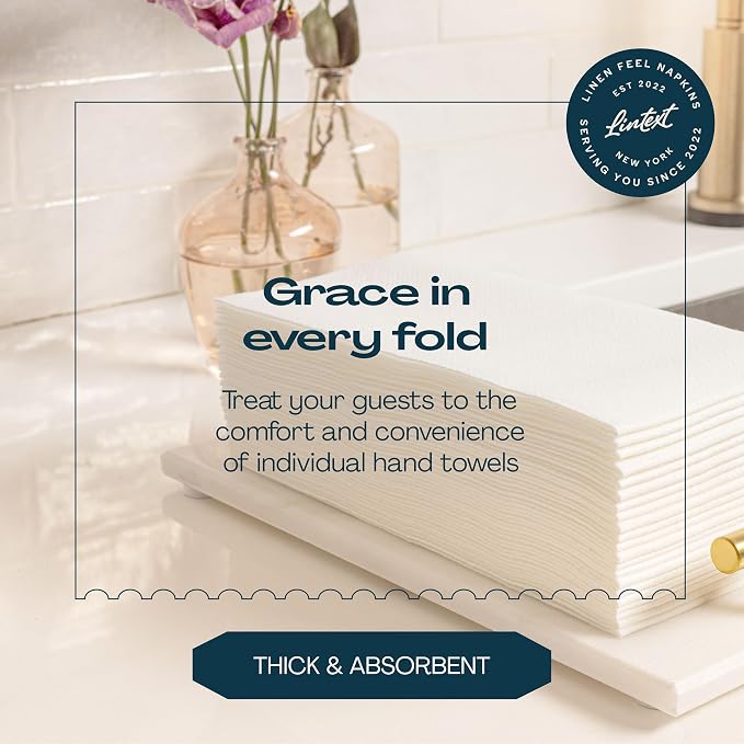 Lintext Disposable Linen-Feel Guest Towels - 12" x 17" Cloth-Like Hand Towels - Made In USA, Soft And Absorbent Paper Napkin For Bathroom, Kitchen, Or Event [Extra-Soft - Pack of 50], White