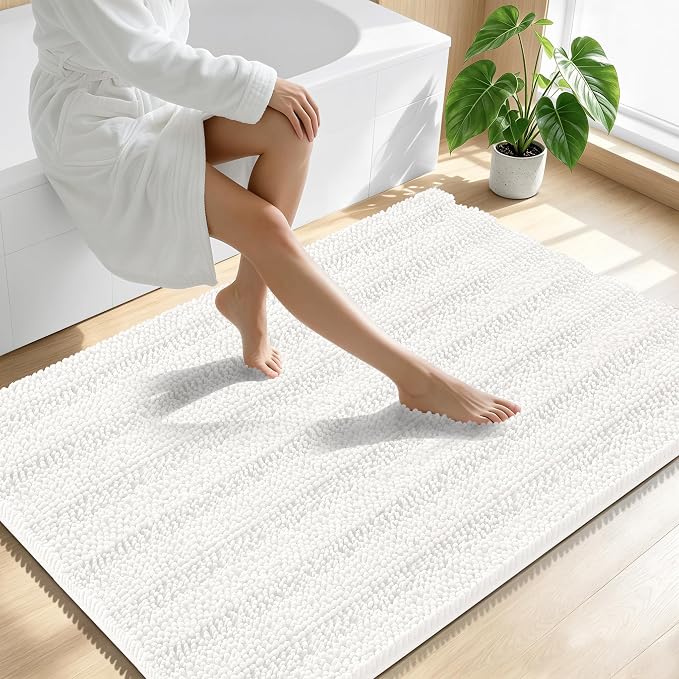 Smiry Thick Chenille Large Bathroom Rugs 47x32, Extra Soft Absorbent Striped Bath Mat, Machine Washable, Rubber Backing, Bath Rugs for Bathroom, Tub & Shower, Home Decor Accessories, Ivory