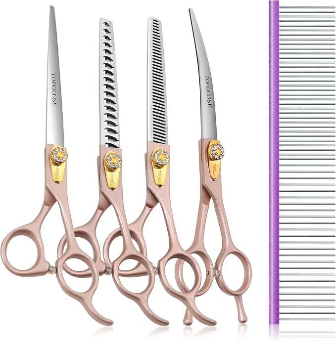 7.5‘’ Professional Dog Grooming Scissors Set 440C Stainless Steel Straight Thinning Curved Chunker Shears 4PCS Set for Pet Grooming Services Dogs and Cats (Rose Gold, Set)