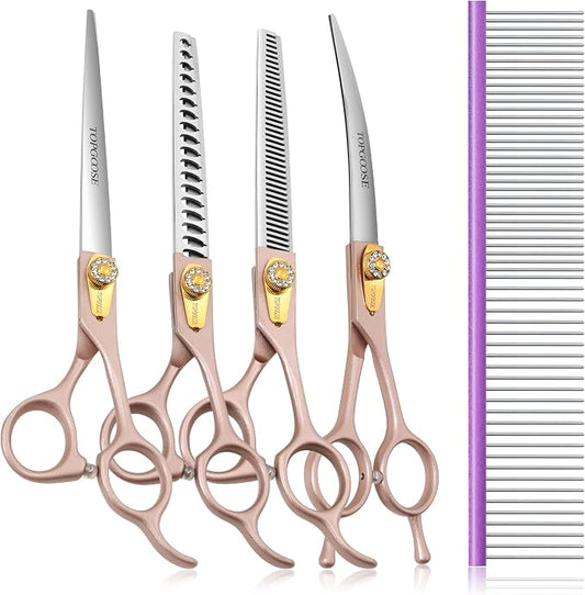 7.5‘’ Professional Dog Grooming Scissors Set 440C Stainless Steel Straight Thinning Curved Chunker Shears 4PCS Set for Pet Grooming Services Dogs and Cats (Rose Gold, Set)