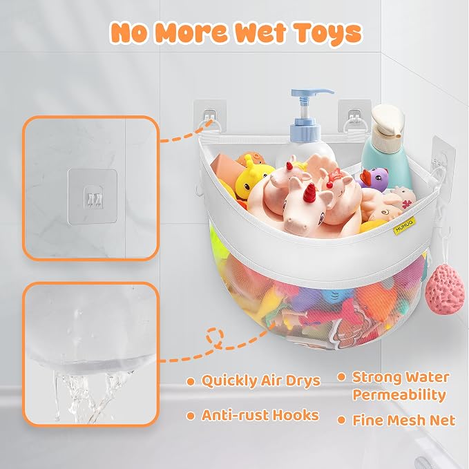 Bath Toy Storage Corner Wall Mounted, 4.32 Gallons Bath Toy Holder, Bottom Zipper Mesh Bathtub Toys Storage Organizer Bag, Quick Access Baby Shower Caddy Quick Dry Bathtub Toys Holder Accessory