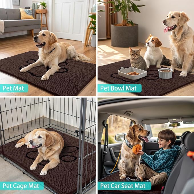Smiry Dog Door Mat for Muddy Paws, Absorbent Dirt Trapper Non Slip Quick Dry Washable Chenille Mat for Mud Dogs, Entry Rug for Indoor and Outdoor (59x35 Inches, Brown and Black)