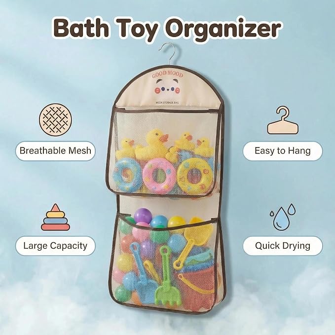 Good Mood Toddler Bath Toy Organizer, Large Capacity Baby Bathtub Toy Storage with Adhesive Hooks, Toy Organizers and Storage for Bath Toys for Kids Ages 3-5, Bath Toy Holder Kids Bathroom Decor