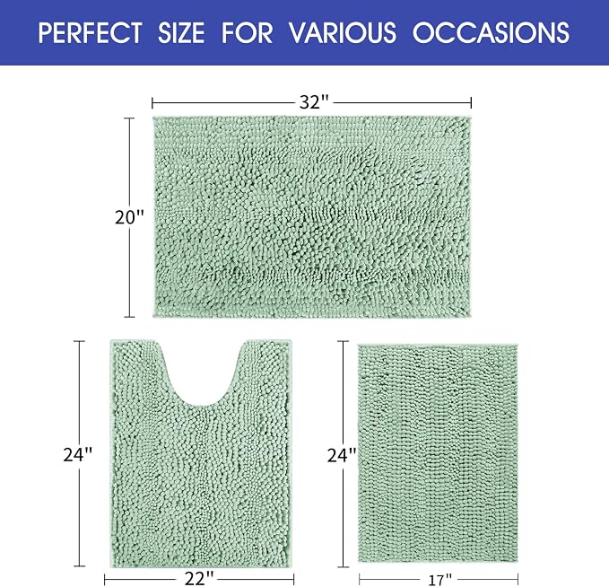 ACCUMTEK Tauso Striped Sage Green Bathroom Rug Set 3 Pieces Ultra Soft, Non Slip Chenille Toilet Mat, Absorbent Plush Shaggy Bath Mats for Bathroom, Bedroom, Kitchen