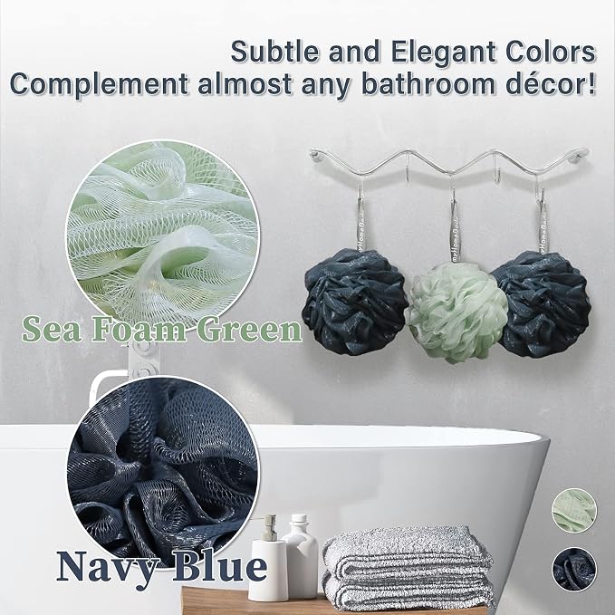 myHomeBody Large 70g Loofah Sponge, Body Scrubber, Bath Sponge, Loofah for Women, Men, Exfoliating Sponge Shower Pouf with Activated Charcoal - 3 Pack, 2 Navy Blue + 1 Sea Foam Green