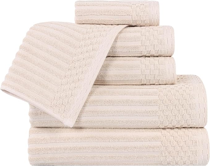 Superior 6 Piece Cotton Towel Set, Includes 2 Bath Towels, 2 Hand Towels, 2 Face Towel/Washcloths, Daily Use for Bathroom, Guest Bath, Ribbed, Absorbent, Home Essentials, Soho Collection, Ivory
