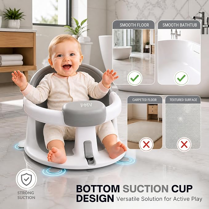 PMV Baby Bath Seat for Sitting Babies, Non-Slip Baby Bath Chair with 3 Suction Cups, Safe & Comfortable Toddler Bath Support Seat for Bath/Shower Use, Stable Design, Gray (6–24 Months) (Gray)