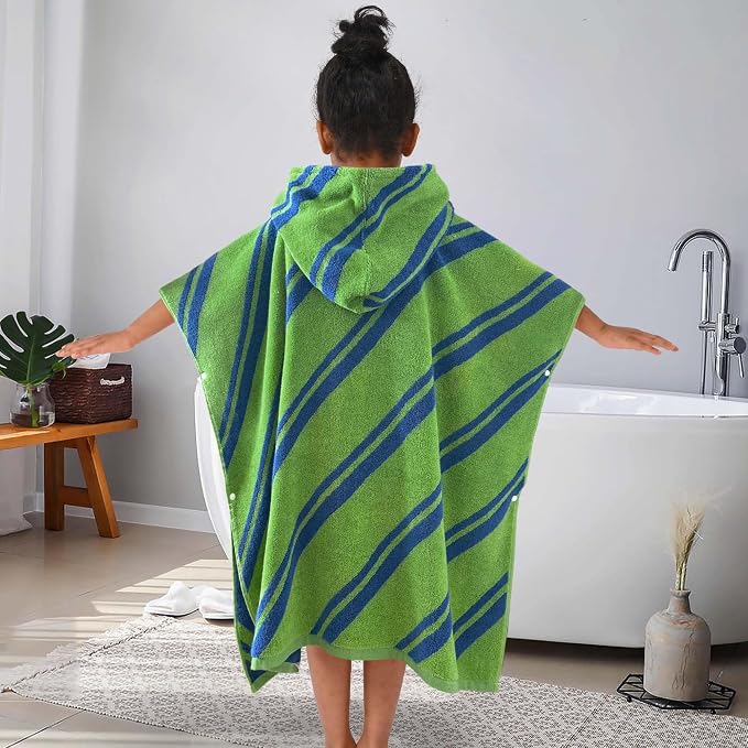 VOOVA & MOVAS Kids Hooded Poncho Towels (4-8Years,27.5"x27.5"),100% Cotton Soft Absorbent Towel for Boys,Perfect for Bathroom | Pool | Beach | Swimming, Jacquard Green Stripe