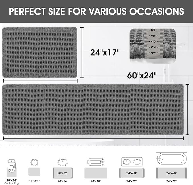Upgraded Waffle Bath Mat Set 2 Piece Grey, Super Absorbent Non-Slip Quick Dry Bathroom Rugs with Tassels, Machine Washable Ultra Soft Boho Bath Rugs for Floor, Toilet Mats Boho Farmhouse Decor