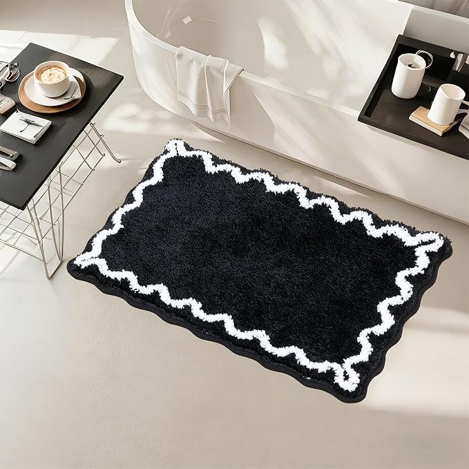 ORTIGIA Black Bath Mat with White Scallop Non Slip, Quick Dry Bath Rug Absorbent Soft Plush Microfiber Bathmat for Bathroom Floor Carpet for Sink Bedroom, 17x24