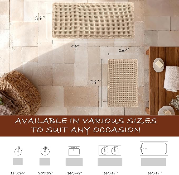 DWCN Set of 2 Waffle Boho Bathroom Mats, Non Slip Bath Rug Set for Bathroom Floor, Super Absorbent Shower Mats for Tub, Washable Kitchen Rugs for Farmhouse Home Decor, 16" x 24" Plus 24" x 48", Brown