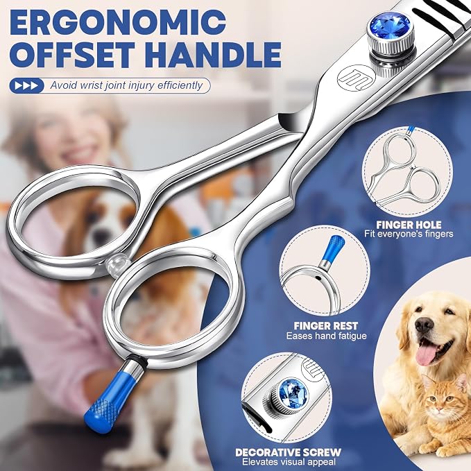 Moontay Professional Dog Grooming Straight, Curved, Thinning/Blending/Chunking Scissors Kit, JP-440C Stainless Steel Pet Cat Hair Cutting/Trimming Shears, Silver (7.5" (24-Tooth))