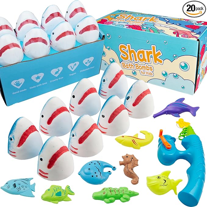 Shark Bath Bombs for Kids with Surprise Fishing Toy Set, 8 Fun Exploding Bath Balls & 9 Fishing Toys, Natural Handmade Organic Bubble Bath Fizzies, Ideal Birthday Holiday Christmas Gift for Boys Girls