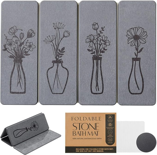 Foldable Stone Bath Mat - 24x16 Inch, Quickly Absorbent Diatomaceous Earth Large Dark Gray and Black Floral Rustic Stone Bath Mats for Bathroom Decor Quick Dry Non-Slip Shower & Bathtub & Drying Mat