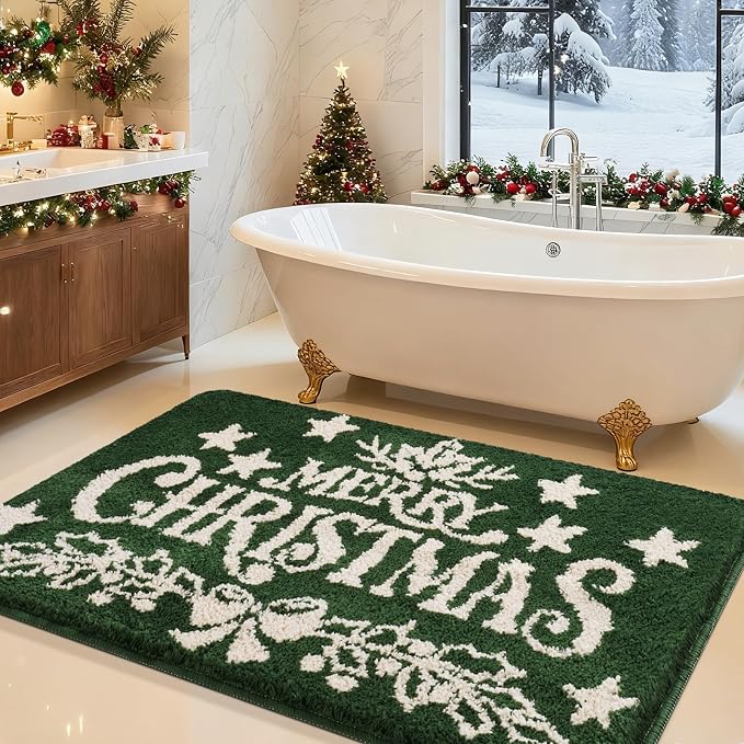 ACCUMTEK Upgraded Waffle Bath Mat，Super Absorbent Non-Slip Quick Dry Bathroom Rugs with Tassels,30"x20",Green