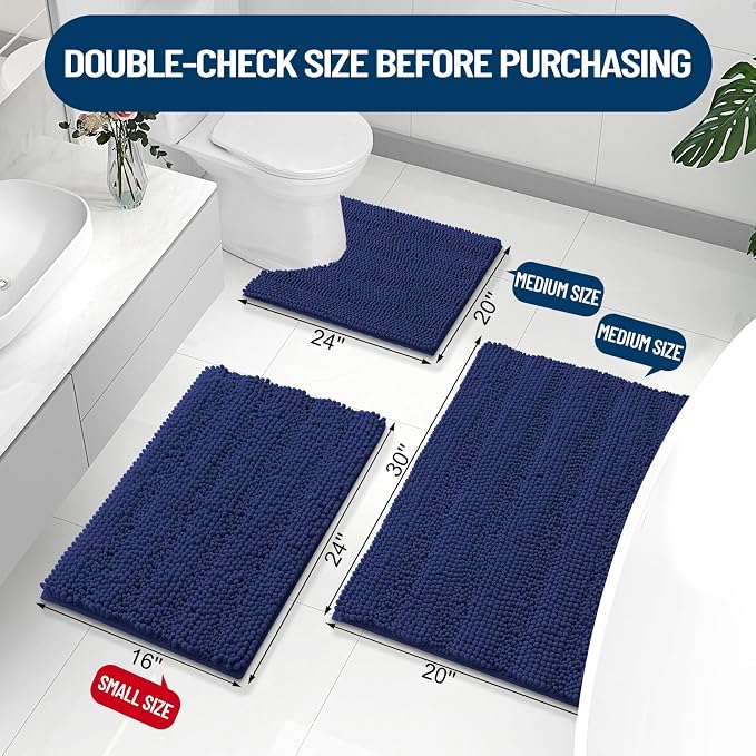 Grandaily Chenille Striped Bathroom Rugs 40x32, Extra Thick and Absorbent Bath Mats, Non-Slip Soft Plush Shaggy Shower Carpet, Machine Wash Dry, Bath Rug for Bathroom, Navy