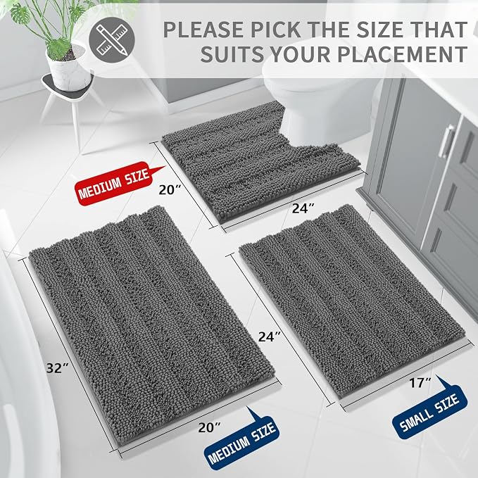 Yimobra Toilet Rugs U Shaped Washable 24 x 20, Non Slip and Super Absorbent Toilet Mat, Quick Dry, Ultra Luxury Microfiber Chenille Plush Fluffy Contour Bath Rugs for Toilet Base, Dark Gray