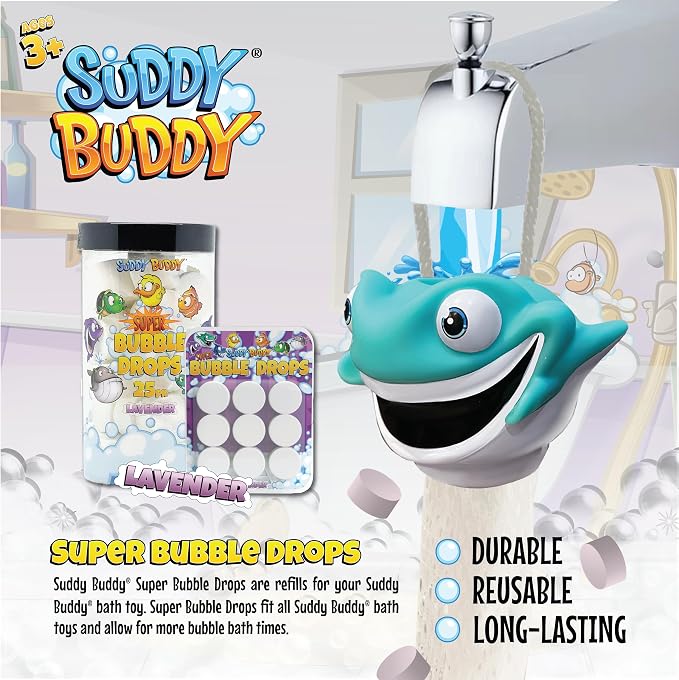 Suddy Buddy® Bubble Maker for Bathtub | Fun Kid Bubble Bath Toys | Safe Bath Bubbler for Boys & Girls Ages 3+ | Includes 1 Foam Dispenser, 1 Trading Card & 3 Super-Bubble Drops | Calvin Clownfish