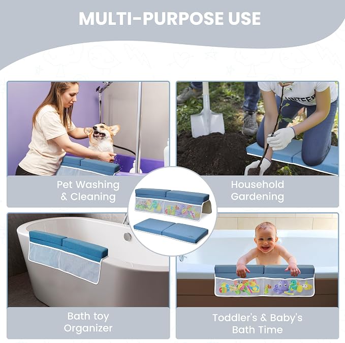 Baby Bath Kneeler and Elbow Rest Pad Set -2 Inch Thick Comfortable Non-Slip 30" Extra Long Bath Kneeling Pad with Toy Organizer Pockets - Soft Machine Washable XL Memory Foam Bathing Support Cushion