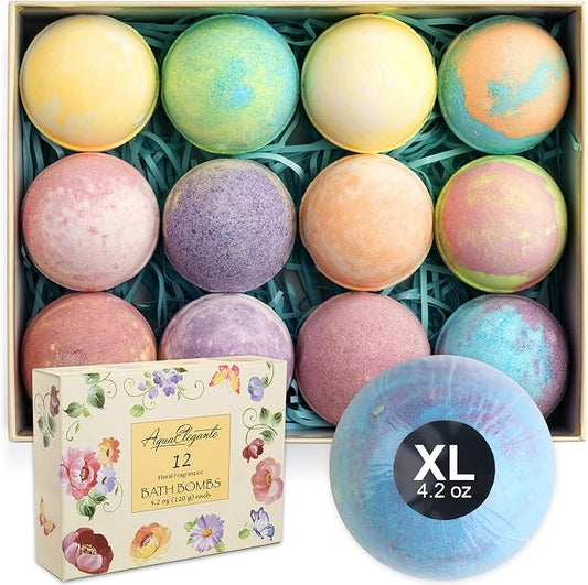 Aqua Elegante Flower Bath Bombs Gift Set - 12 Large Bathbombs for Women with Scented Essential Oils and Moisturizing Shea Butter, No Stain, Natural, Vegan Spa Present for Mom, Wife, Girlfriend