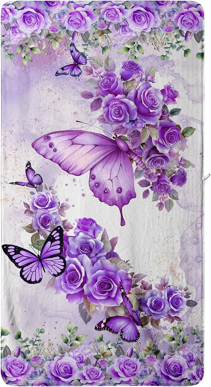 Purple Butterfly Rose Beach Towel - Floral Decorative Coral Fleece Shower Towels for Bathroom Holiday