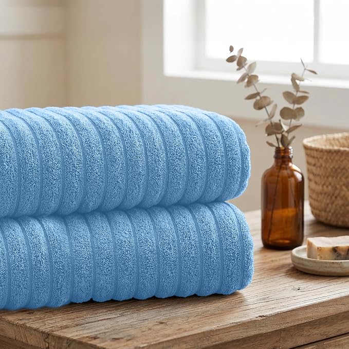 RIVERSIDE Pack of 2 Extra Large Bath Sheet Towels, 35 x 70 Inches, 600 GSM, Ribbed Stripe, 100% Cotton - Super Soft, Highly Absorbent & Quick Dry for Bathroom, Spa & Hotel, Electric Blue