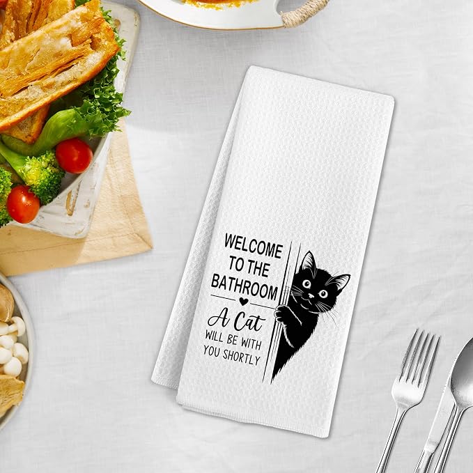 Funny Black Cat Hand Towels for Bathroom, A Cat Will Be with You Shortly Hand Towels, Black Cats Welcome to the Bathroom Dish Tea Towel Decor, Cats Gifts for Women Men, 16x24 Inch