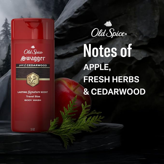 Old Spice Refreshing Body Wash for Men, 3X Defense, 24/7 Shower Fresh with Long Lasting Scent, Travel Size, Red Collection, Swagger with Cedarwood Scent, 3 fl oz