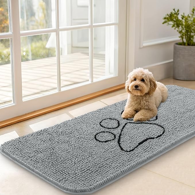 OLANLY Dog Door Mat for Muddy Paws 47x20, Paw Print Design, Absorbs Moisture and Dirt, Absorbent Non-Slip Washable Doormat, Quick Dry Chenille Mud Mat for Dogs, Entry Indoor Entryway Carpet, Grey