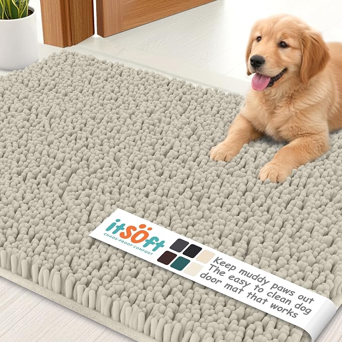 Dog Rugs for Muddy Paws 25x18 | Cleaner Mud Free Floors | Muddy Dogs Mats for Indoor, Dog Mat for Muddy Paws Door Mat Washable, Absorbent Chenille Mud Room Rug Paw Matt w/ Non Slip Backing, Wax White