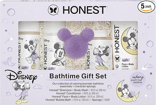 The Honest Company Calm Lavender Bathtime Gift Set, Disney Design, Hypoallergenic Bath for Sensitive Baby Skin, Shampoo Body Wash Face Lotion Bubble Conditioner Sponge
