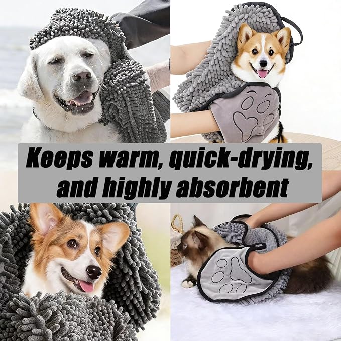 1 Pcs 30x13 Inches Super Absorbent Dog Towel, Grey Quick Drying Pet Grooming Towel with Hand Pockets, Soft Bath Towels for Shower & Bath Supplies/Dogs and Cats
