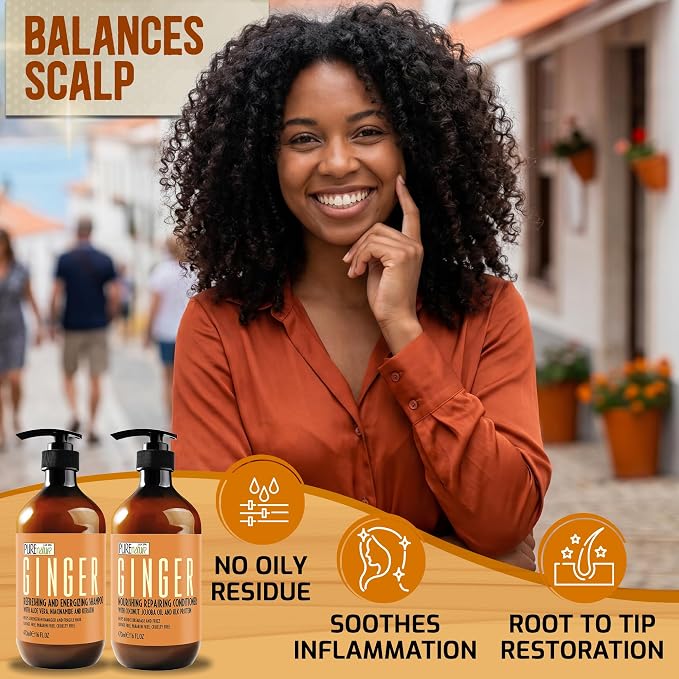 Ginger Shampoo and Conditioner Set - Sulfate Free, Zero Paraben Blend - Scalp Stimulating Treatment - Anti Itch, Volumizing, Salon Strengthening - Repair Hair for Women and Men - 16 Fl Oz (Set of 2)