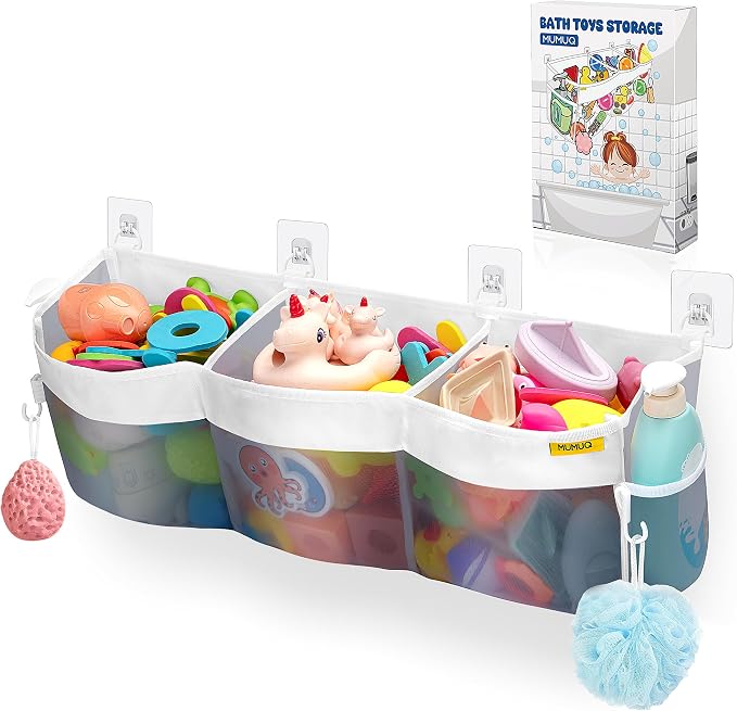 Bath Toy Organizer 3 Compartment Bath Toy Storage Bag Shower Caddy Quick Access Bathtub Toys Holder Baby Shower Games Tub Quick Dry Baby Bathroom Toys Storage Accessory Gray